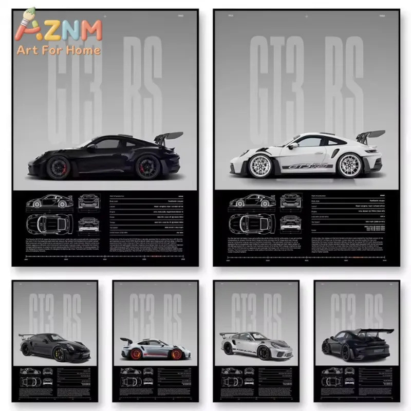 รถสปอร์ตสไตล์มินิมอล 911 GT3-RS 718 GT4 RS โปสเตอร์, ภาพวาดผ้าใบ, ศิลปะติดผนังสําหรับตกแต่งภายใน