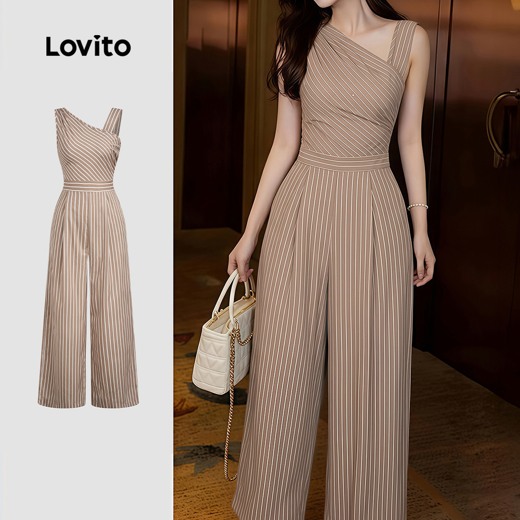 Lovito Elegant จั๊มสูทลําลองลายเรขาคณิต ทรงพลีต สําหรับฤดูใบไม้ผลิ/ฤดูร้อน สีคากี สําหรับผู้หญิง LK4ED772