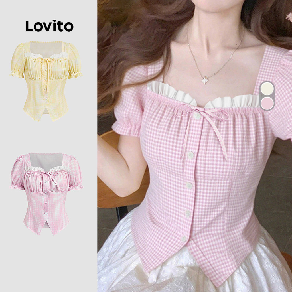 Lovito เสื้อบลouseลูกไม้ผูกเชือกฤดูใบไม้ผลิ/ฤดูร้อน สีชมพู สำหรับผู้หญิง L151AD154