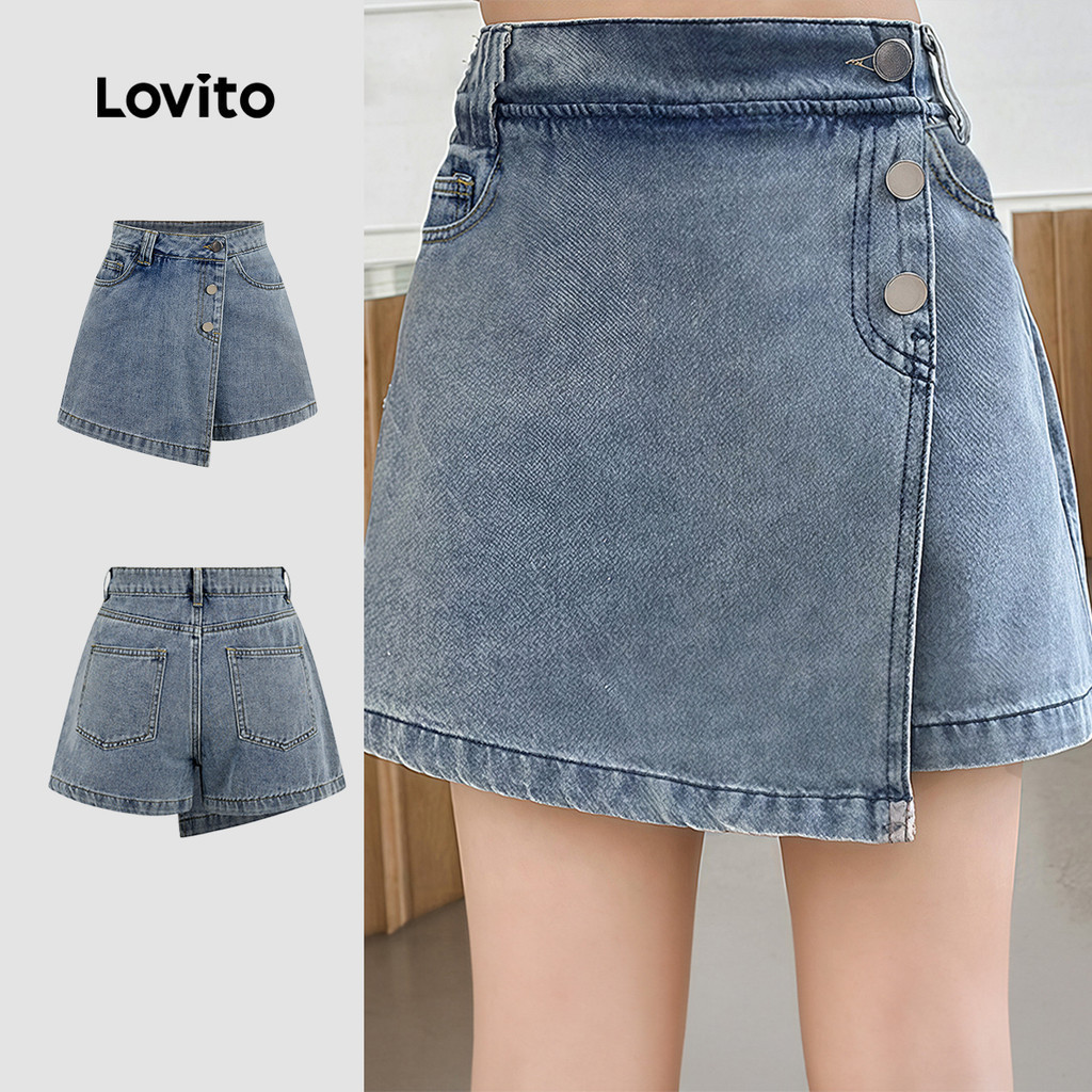 Lovito กางเกงยีนส์ขาสั้นลำลอง ใส่ได้ทุกวัน ทำงาน ท่องเที่ยว มีกระเป๋าข้าง 2in1 สีน้ำเงิน สำหรับผู้หญิง เหมาะสำหรับฤดูใบไม้ผลิ/ฤดูร้อน L177AD223