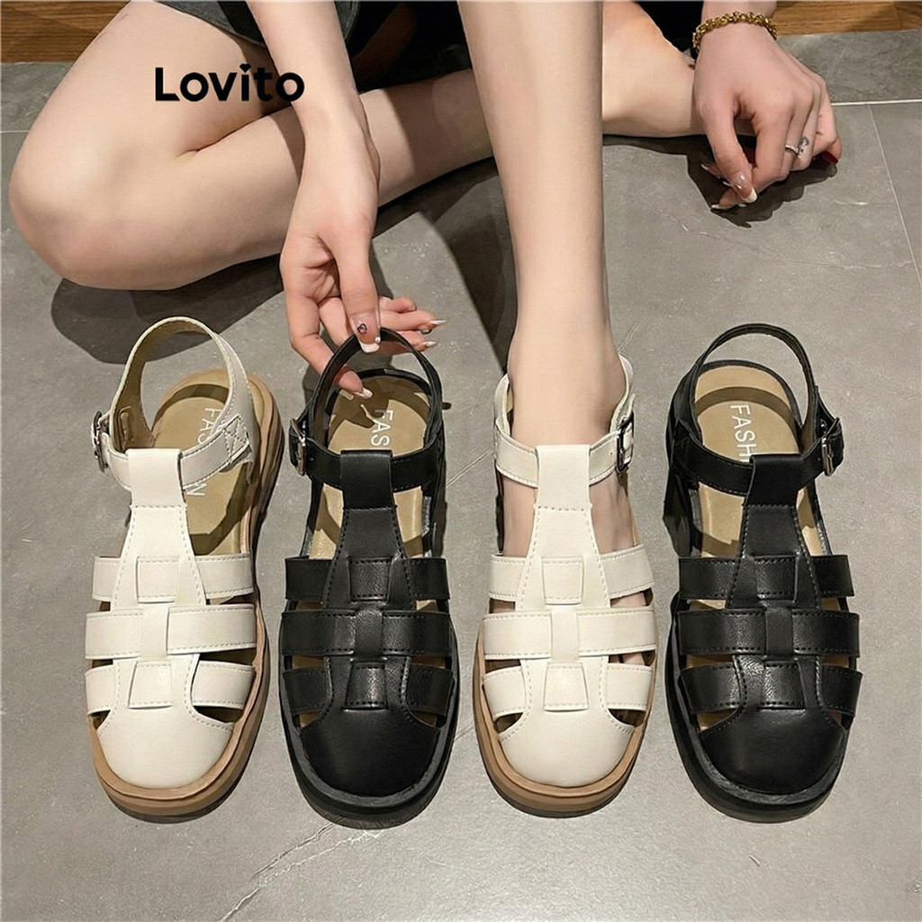 Lovito รองเท้าโรมันธรรมดาแบบลําลองเรียบง่ายขั้นสูงพื้นหนาพื้นนิ่มใส่ด้านนอกรองเท้าแตะส้นแบนสําหรับผู้หญิง LFA67230