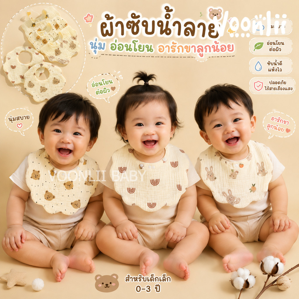 ผ้ากันเปื้อนเด็ก ผ้าซับน้ำลายเด็ก ผ้าฝ้ายนุ่ม 4 ชั้น พิมพ์ลายการ์ตูนน่ารักๆ กระดุม 2 ระดับ สำหรับอายุ6เดือน-2ปี