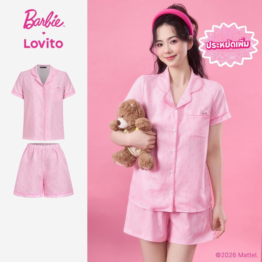 [Summer Sale] Barbie™ X Lovito ชุดนอนลำลองลายดอกไม้หวานๆ สำหรับฤดูใบไม้ผลิ/ฤดูร้อน สีชมพู (เสื้อหรือกางเกง) สำหรับผู้หญิง LB1AD028