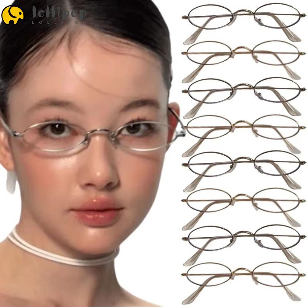 LOLLIPO1 แว่นตาโลหะ, Y2K แว่นตาตกแต่ง, Vintage รูปไข่ขนาดเล็กแว่นตาอ่านหนังสือผู้หญิงเด็กผู้หญิง