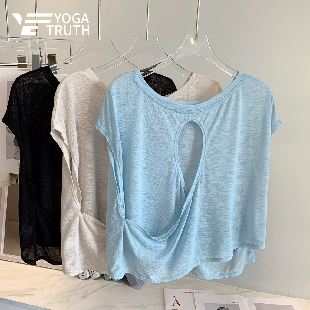 YOGATRUTH เสื้อยืดกีฬาผู้หญิง Hollow Beauty Back Breathable Loose Top Running Yoga