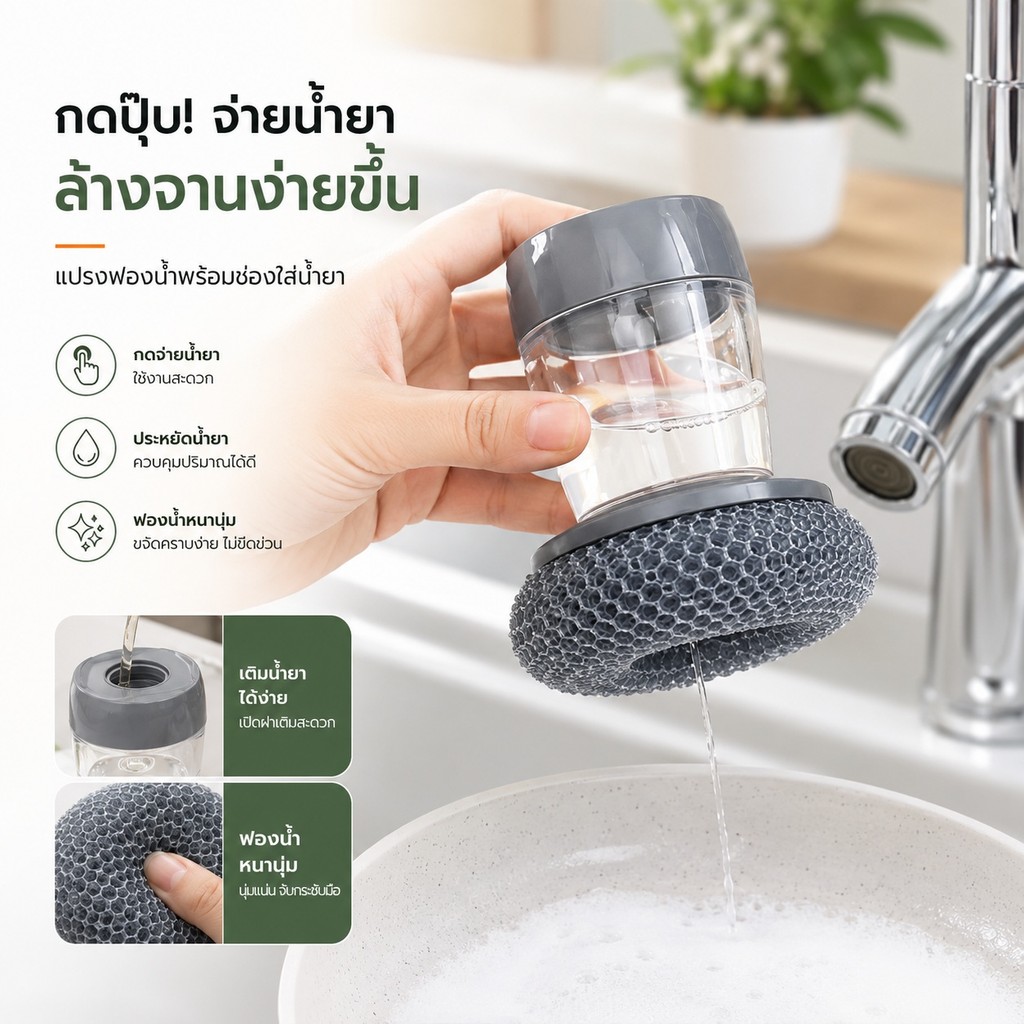 🧽 แปรงขัดหม้อแบบกดน้ำยา ด้ามบรรจุน้ำยาล้างจาน สะดวก ไม่ต้องจับน้ำยาโดยตรง​  ✅S00165