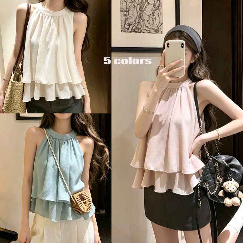Dahong 💖 99468  เวอร์ชั่นเกาหลี สีทึบ   เสื้อเบลาส์แขนกุด หรูหรา เสื้อครอป เหมาะสำหรับฤดูใบไม้ผลิ/ฤดูร้อน