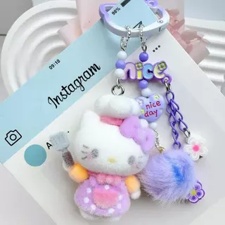 การ์ตูน Flocking Chef Hello Kitty Dopamine จี้โซ่โทรศัพท์มือถือ DIY พวงกุญแจห้อยกระเป๋า
