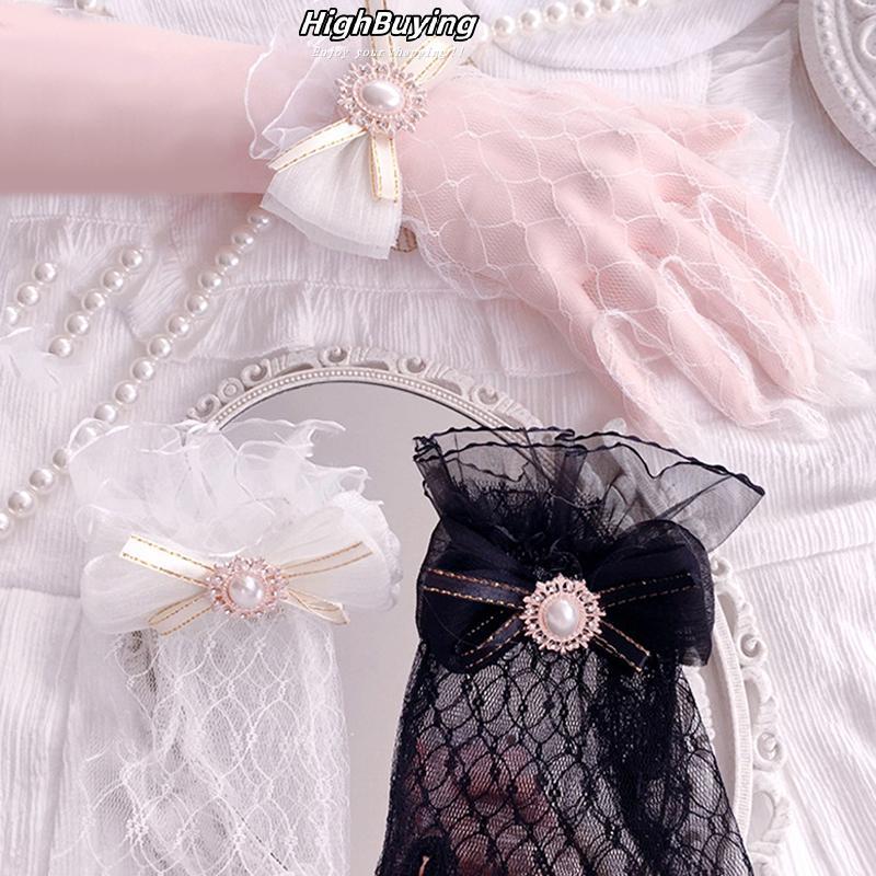 [การซื้อสูง] สาวโลลิต้าตาข่ายโบว์ดอกไม้ถุงมือลูกไม้สีขาวถุงมือลูกไม้โลลิต้าลูกไม้แขนคอสเพลย์เครื่องประดับหุ้นใหม่