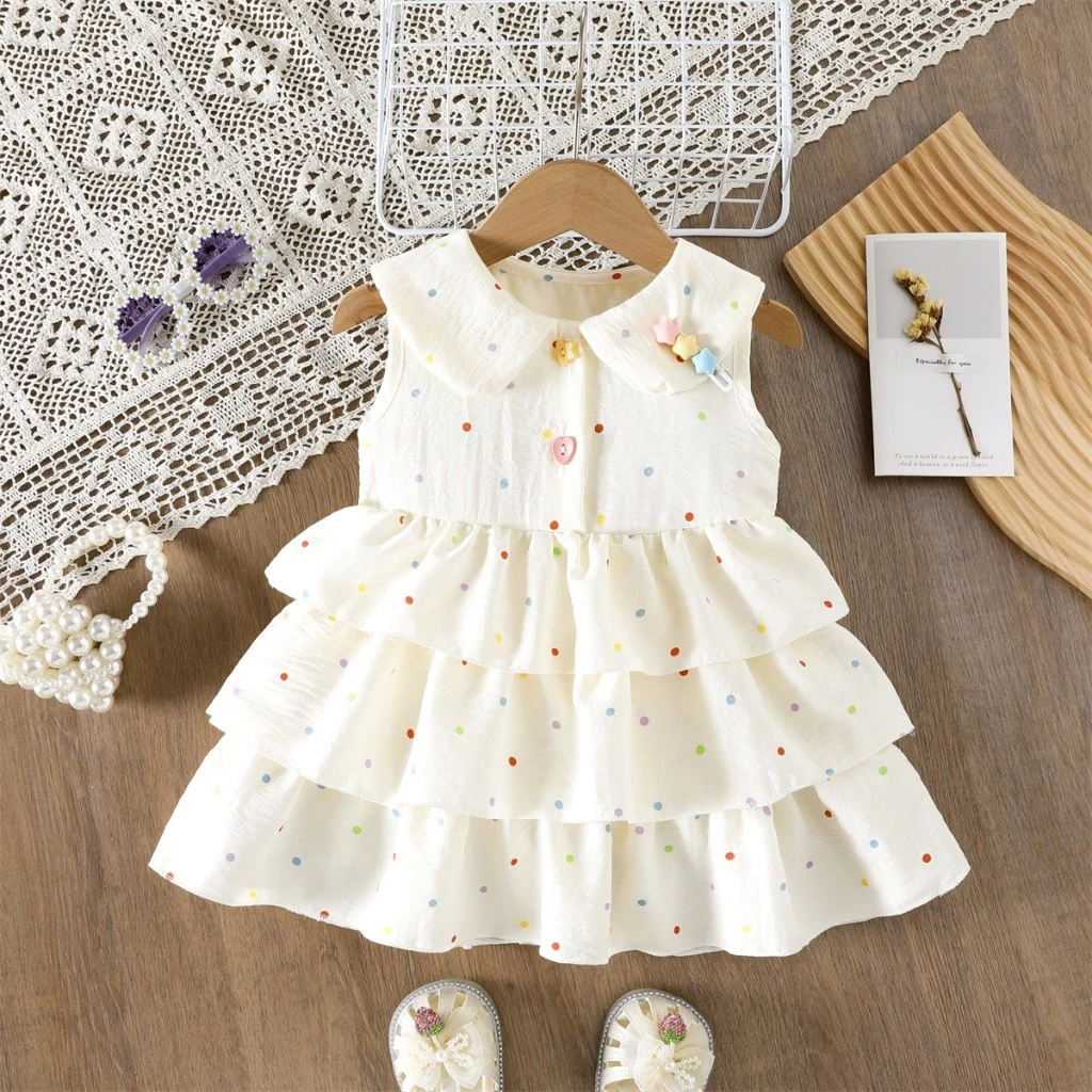 ชุดเดรสเค้กแขนกุดลายจุดเด็กผู้หญิงน่ารัก Peter Pan Collar Tiered ฤดูร้อน Casual Princ