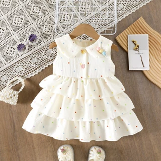 ชุดเดรสเค้กแขนกุดลายจุดเด็กผู้หญิงน่ารัก Peter Pan Collar Tiered ฤดูร้อน Casual Princ