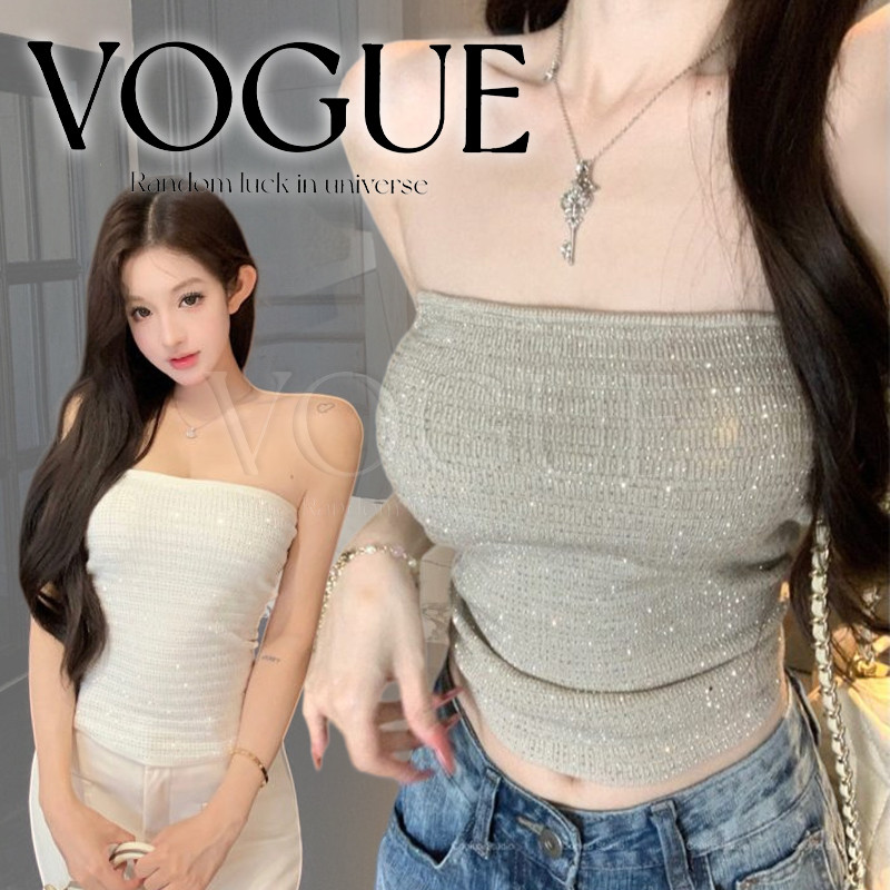Vogue🌟พร้อมส่ง🌟 เสื้อเกาะอกไหมพรม เข้ารูปดีเทลวิบวับพอดีตัว ใส่ไปปาร์ตี้สุดแซ่บ (X176)