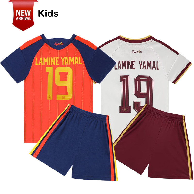 เด็ก 2027 สเปนบ้าน/เยือน ฟุตบอลย์ชุด เลขที่.19 ลามิน สิ่งของ เสื้อฟุตบอล + กางเกงขาสั้นชุดชุดกีฬาเด็กสําหรับชายหญิง