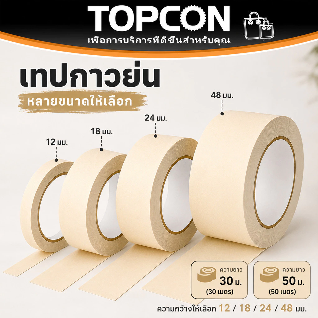 เทปกระดาษกาวย่น เทปย่นพ่นสี Masking Tape กันซึม ฉีกได้ เขียนได้ ขนาด30/50M 12-48mm งานช่าง ทาสี พ่นสี ตกแต่งบ้าน ซ่อมแซม