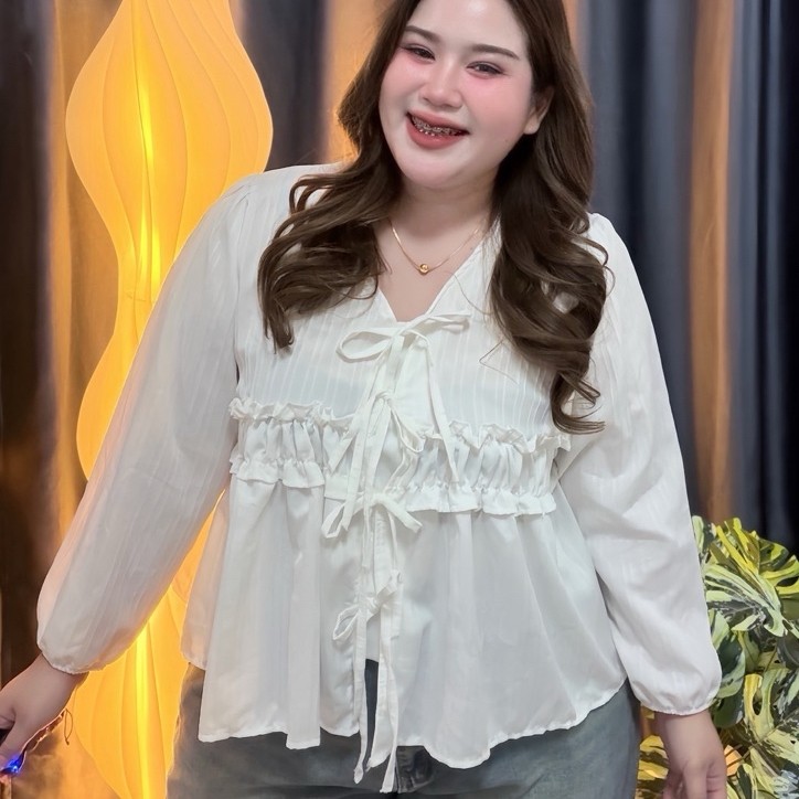 เสื้อพลัสไซส์ รุ่น ง65 Layer Blouse อกใหญ่ใส่ได้ เสื้อสาวอวบ ผูกโบว์ แขนยาว ทรงปล่อย ใส่สบาย ไม่รัด