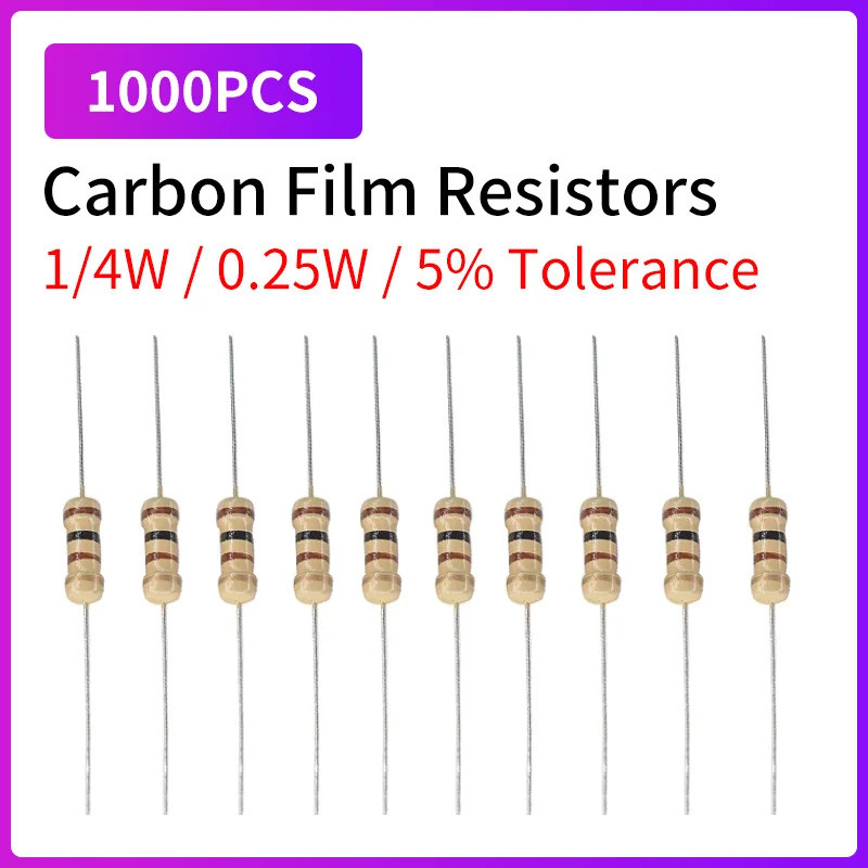 1000PCS ตัวต้านทานฟิล์มคาร์บอน 5% 1/4W 0.25W 1R ~ 1M 0R 10R 100R 220R 330R 1K 2.2K 4.7K 10K 22K 47K 