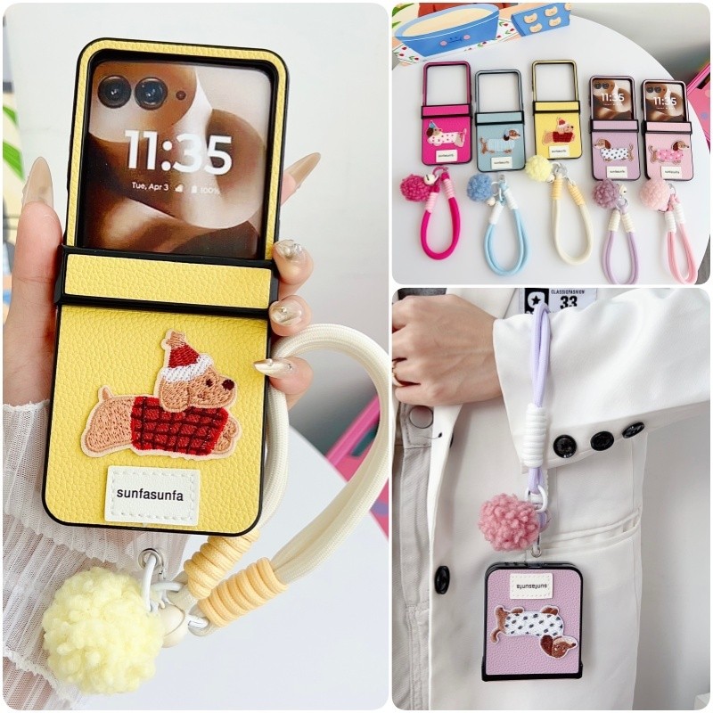 การ์ตูนสุนัขหนังบานพับปลอก Funda สําหรับ Motorola Razr 70 60 50 Ultra 60 Pro พร้อมสายรัดข้อมือฝาครอบ