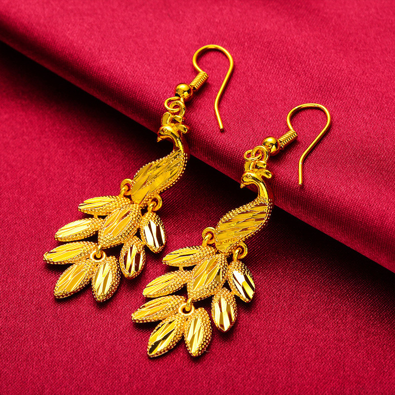 Gold-Plated Stream ต่างหูหญิงเวียดนามทรายทอง Classy ต่างหูนกยูง Gold-Plated เวอร์ชั่นเกาหลียาวหูยาวย