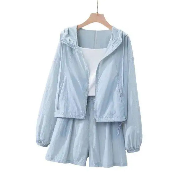 Petite Women Quick Dry Sun Protection Jacket กางเกงขาสั้น 2 ชิ้นชุดฤดูร้อน