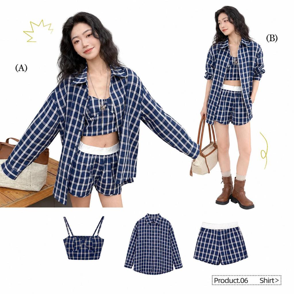 Chili Koko ชุดเซ็ตผู้หญิง 3 ชิ้น สไตล์เกาหลี เสื้อเกาะอก+เสื้อเชิ้ตลายสก็อต+กางเกงขาสั้น ชุดเซ็ตแฟชั่น W587