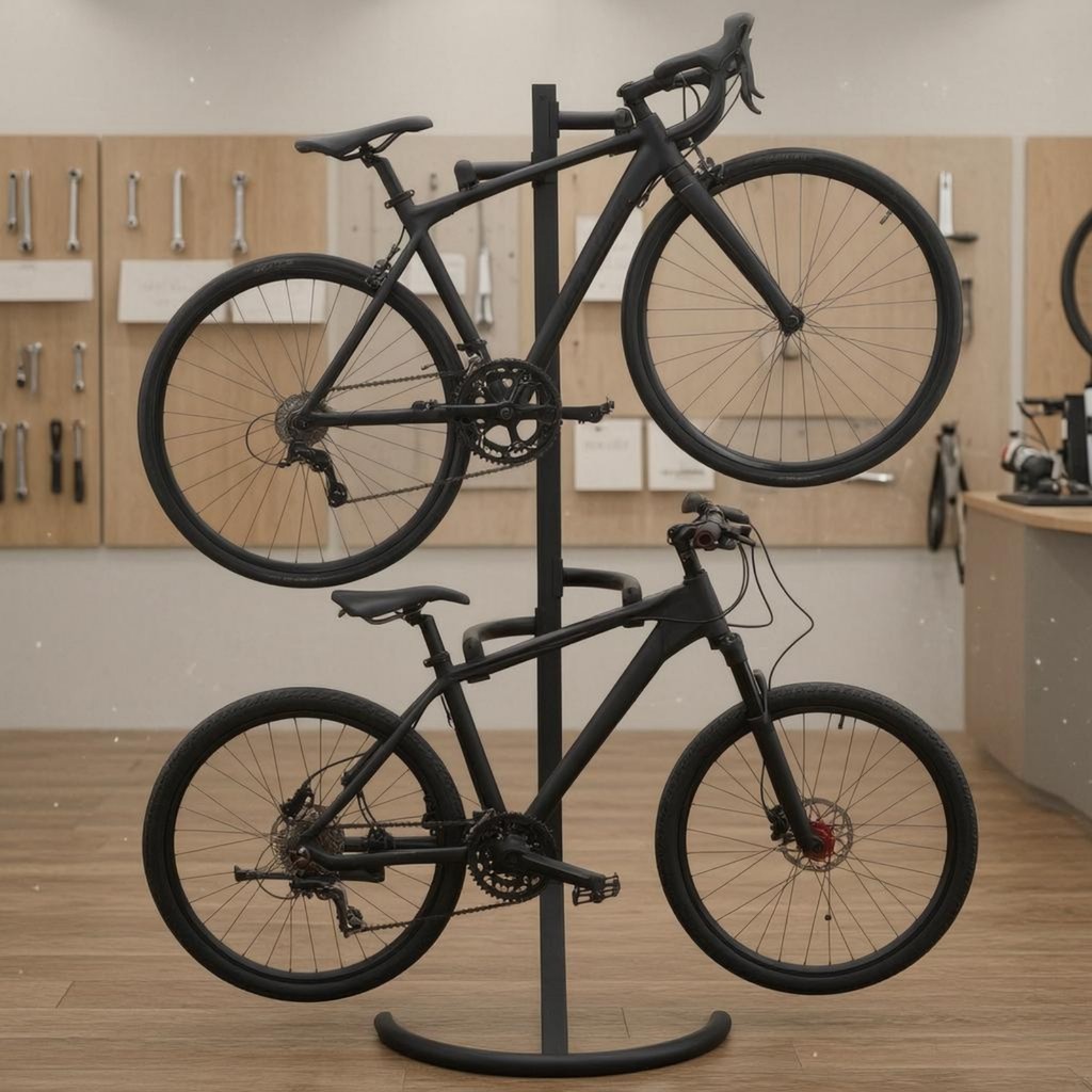 Upright Cycle ขาตั้งพื้นสีดําเหล็กรอบชั้นวางจอแสดงผลแนวตั้งขาตั้งจักรยานฐานโค้ง Upright ผู้ถือจักรยา