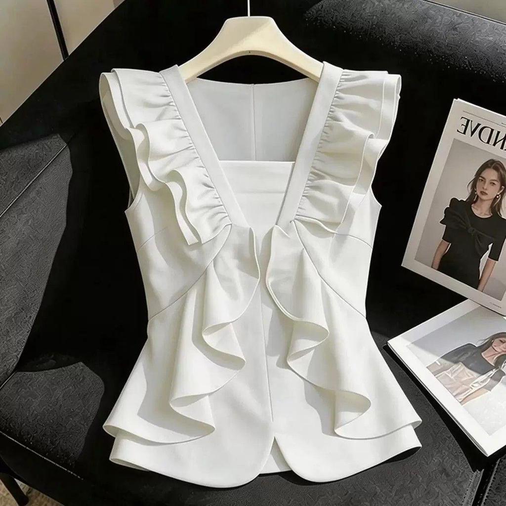 [จํากัดเวลา Seckill] ความรู้สึกการออกแบบเร้าใจคอวีขนาดเล็กบินแขนเสื้อเสื้อกั๊กผู้หญิง, 2026 สไตล์ใหม่แฟชั่นโครเชต์ที่สวยงามสวมใส่ด้านนอกด้านบน