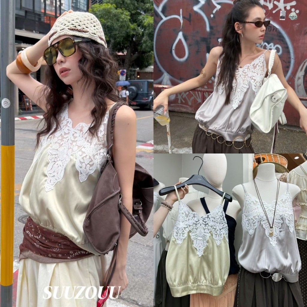 ❤ 🧵 🇰🇷 SU323 เสื้อสายเดี่ยว ผ้าซาติน แต่งผ้าลูกไม้ช่วงอก แต่งเย็บเป็นขอบเสื้อ แฟชั่นเกาหลี TAG MM Fish 🧡