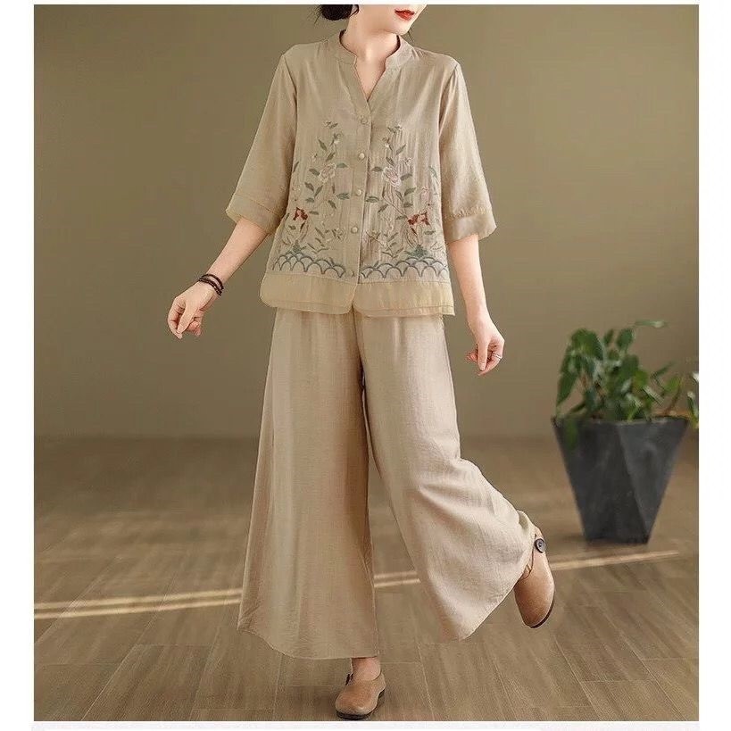Irene Womens Linen Rami Top และชุดกางเกงปัก