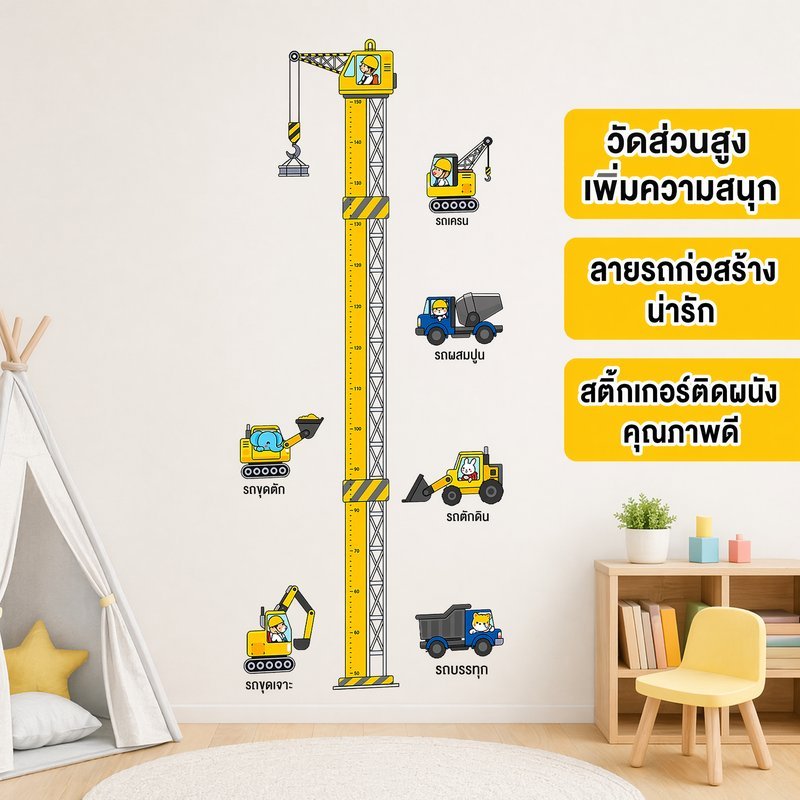สติ๊กเกอร์วัดส่วนสูงเด็ก สติกเกอร์ติดผนัง ลอกออกได้ แต่งห้องเด็ก ไม้บรรทัดส่วนสูง ห้องนอน