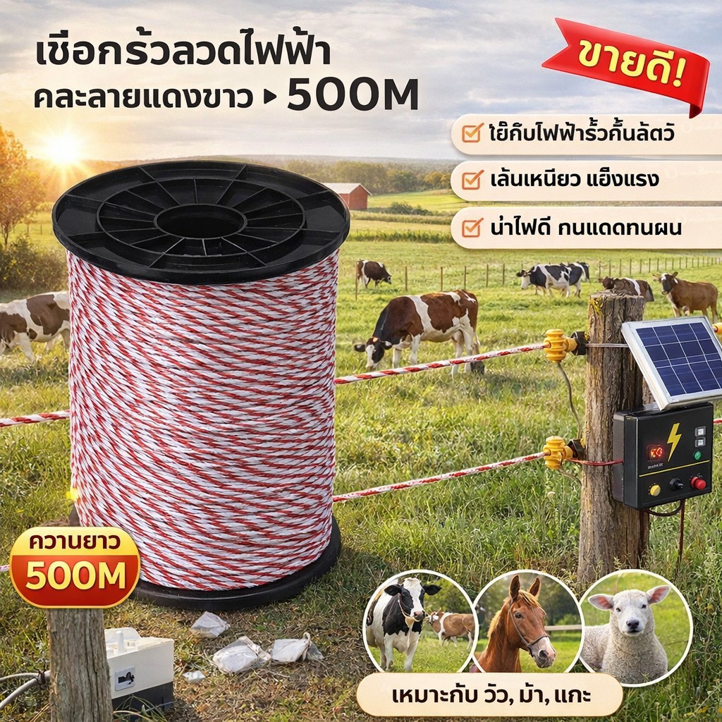 HGS  500เมตร เชือกรั้วไฟฟ้าเชือกโพลี เชือกต้านทานต่ำ ลวดไฟฟ้ากันวัว รั้วไฟฟ้า