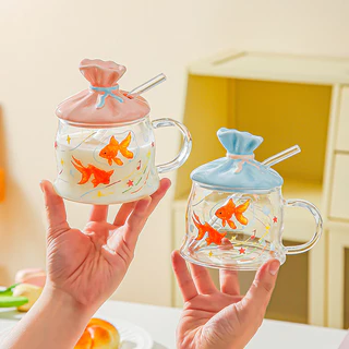 🍋500 มล.แก้วน้ําปลาทองนําโชคขนาดพร้อมฝาปิด & หลอด🐟 | ถ้วยชา บอโรซิลิเกตสูงมีหูจับ | ถ้วยนมไมโครเวฟได้ | ถ้วยกาแฟ