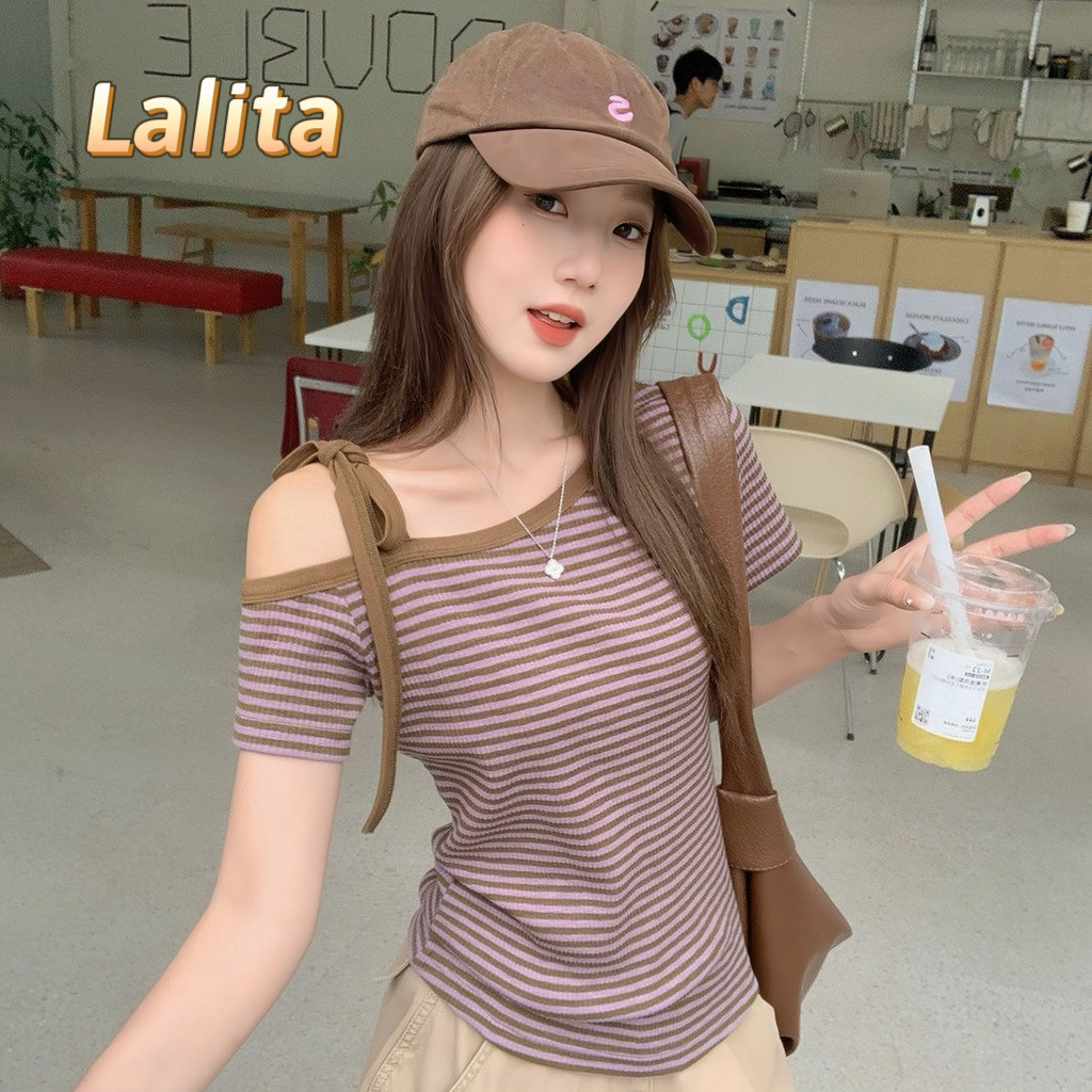 Lalita ส่งไวจากไทย เสื้อยืดลายทางสีม่วง ปาดไหล่ข้างเดียว ดีไซน์หวาน สไตล์เกาหลี