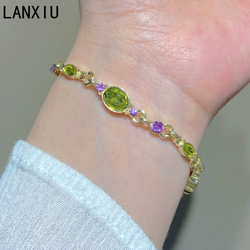 LANXIU ทองสีเขียวสีม่วงเพทายสร้อยข้อมือวินเทจหรูหรา Marquise รูปไข่ตัดสร้อยข้อมือโซ่พลอย
