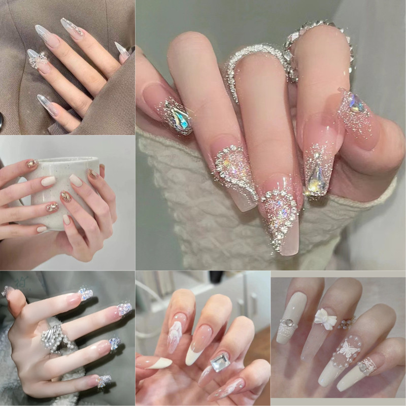 ชุดสีขาว🔥พร้อมส่ง🔥เล็บปลอมประดับมุกและคริสตัล 3D วิบวับสว่าง