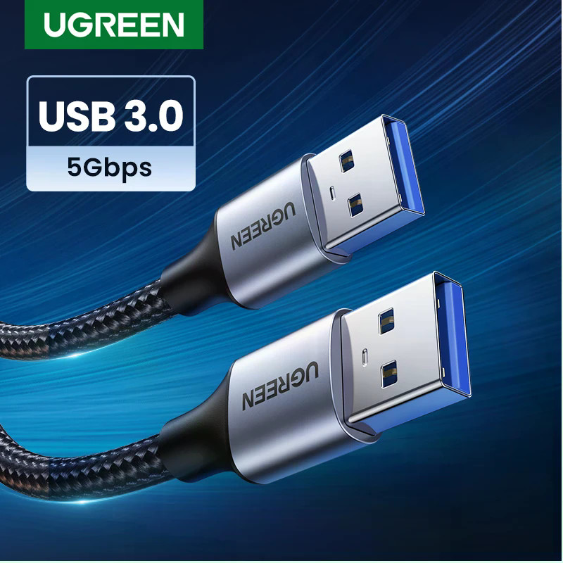 UGREEN US373 สาย USB 3.0 ชาย-ชาย 5Gbps Fast Sync 2A ชาร์จไนลอนถักสําหรับแล็ปท็อป Cooler กล่องทีวี HDD