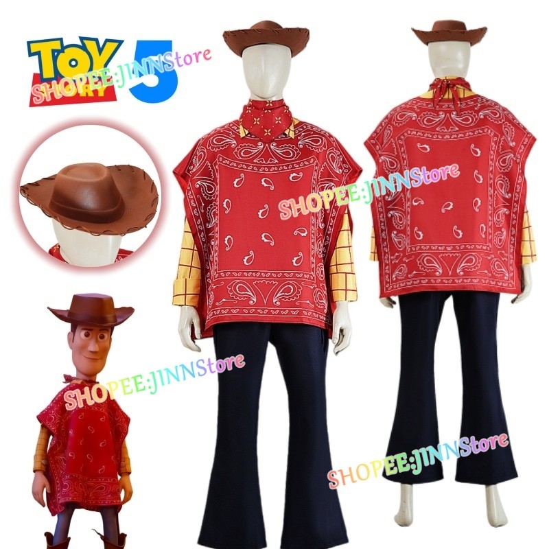 -JINN-WOODY Red Cape เครื่องแบบ TOY STORY 5 WOODY คอสเพลย์เครื่องแต่งกายหมวกชุดอะนิเมะ Carnival ชุด