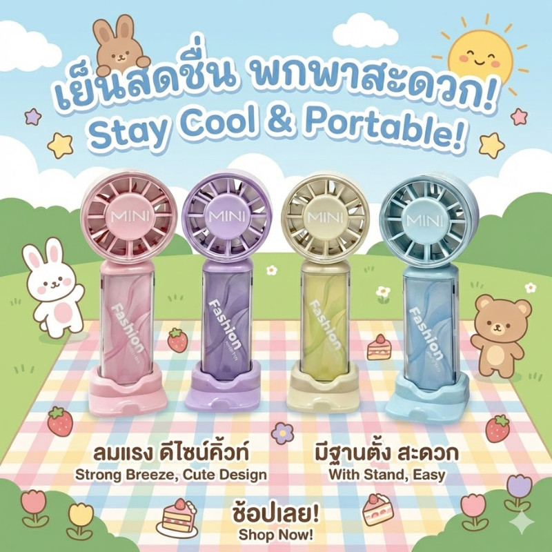 Mini Fan แฟชั่น เด็ก พกพา Hurricane Turbo พัดลม 3 ระดับ ชาร์จUSB-C  มีฐาน จับสบาย C0257