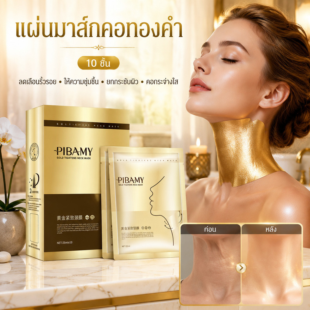 แผ่นมาส์กคอทองคำ 10 ชิ้น บำรุงผิวรอบคอ ลดเลือนริ้วรอย เส้นย่น ให้ความชุ่มชื้น ยกกระชับผิว คอกระจ่างใส