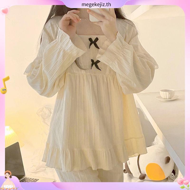 🥰พร้อมส่ง ชุดนอน ผ้าคอตตอน แขนขายาว ขายดีที่สุด ชุดนอนสไตล์เกาหลี ผ้านิ้ม ไม่บาง ผ้าดีมาก Pyjamas
