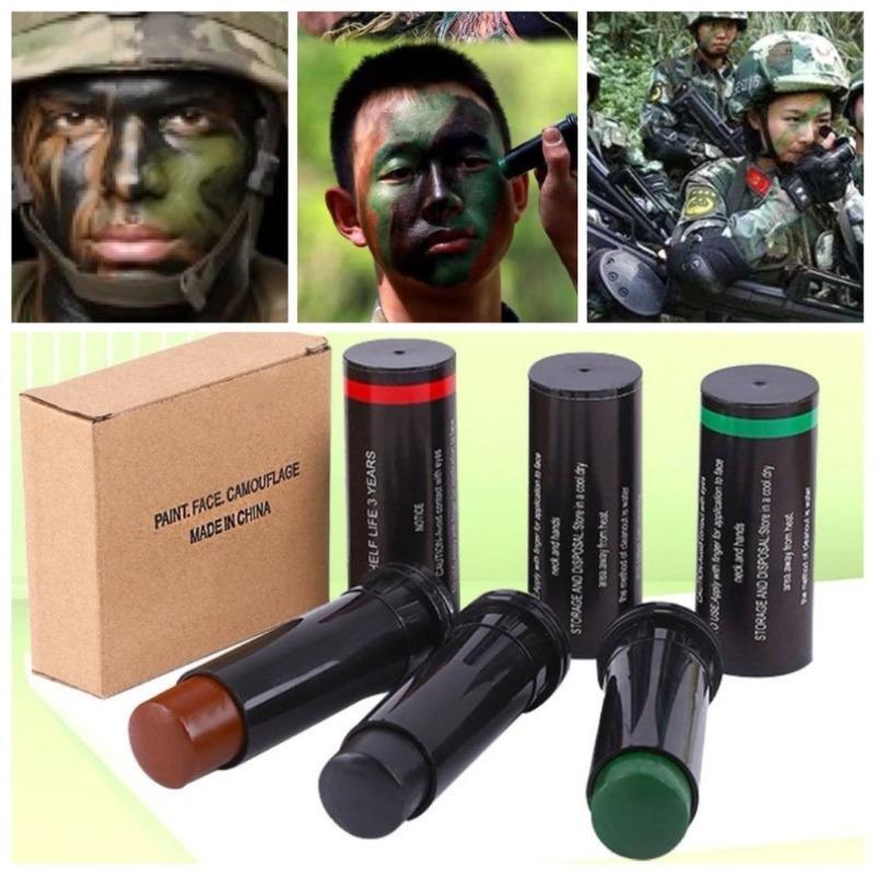 สีหน้าสามสีสําหรับพรางทหาร: สีเขียว, สีน้ําตาล, และสีดําused สําหรับหลักสูตรการฝึกอบรม