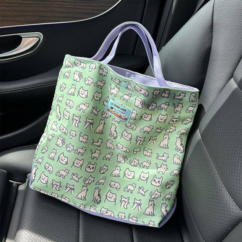 Fresh Mint Green Cat Full Printed Canvas Tote Bag Cute Mummy Bag Handbag for Going out Student Commuter Large Capacity Bag ee0e
