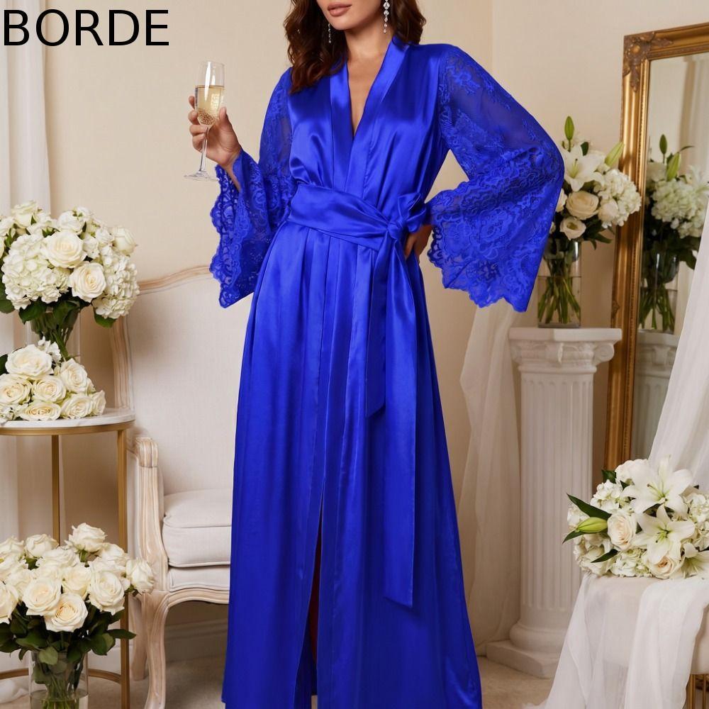 BORDE ซาติน Night Robe, Plus ขนาด V คอผ้าไหมซาติน Nightdress, Silky Touch ชุดนอนสบายแขนยาว Lady ชุดนอน Loungewear
