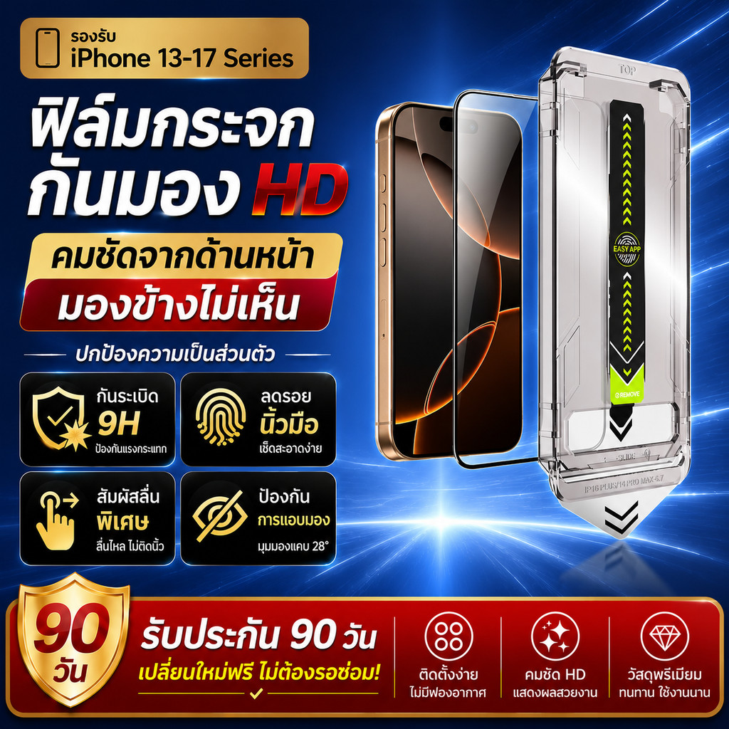 iPhone 13-17 Pro Max ฟิล์มกระจกกันแอบมอง HD ชัดเต็มจอ ติดง่าย ทนทาน สามารถคืนสินค้าได้ภายใน7วันโดยไม่ต้องให้เหตุผล