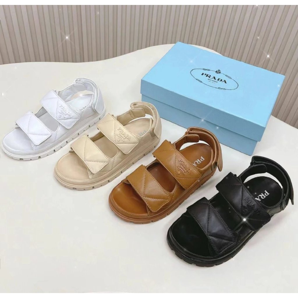 P Prada Prada 2024ss สไตล์ล่าสุด p บ้านสามเหลี่ยมป้ายหนา Soled รองเท้าแตะผู้หญิงแพลตฟอร์ม Casual Vel