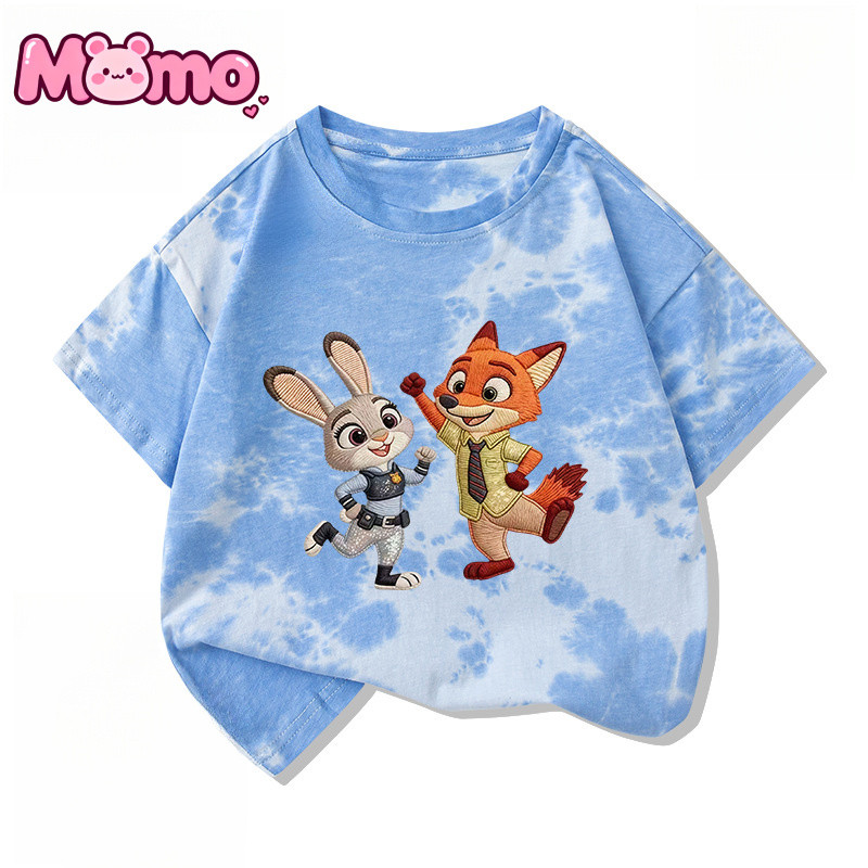 Zootopia ปักพิมพ์ Unisex เด็กอเนกประสงค์ Tie-Dye แขนสั้นรอบคอ Top