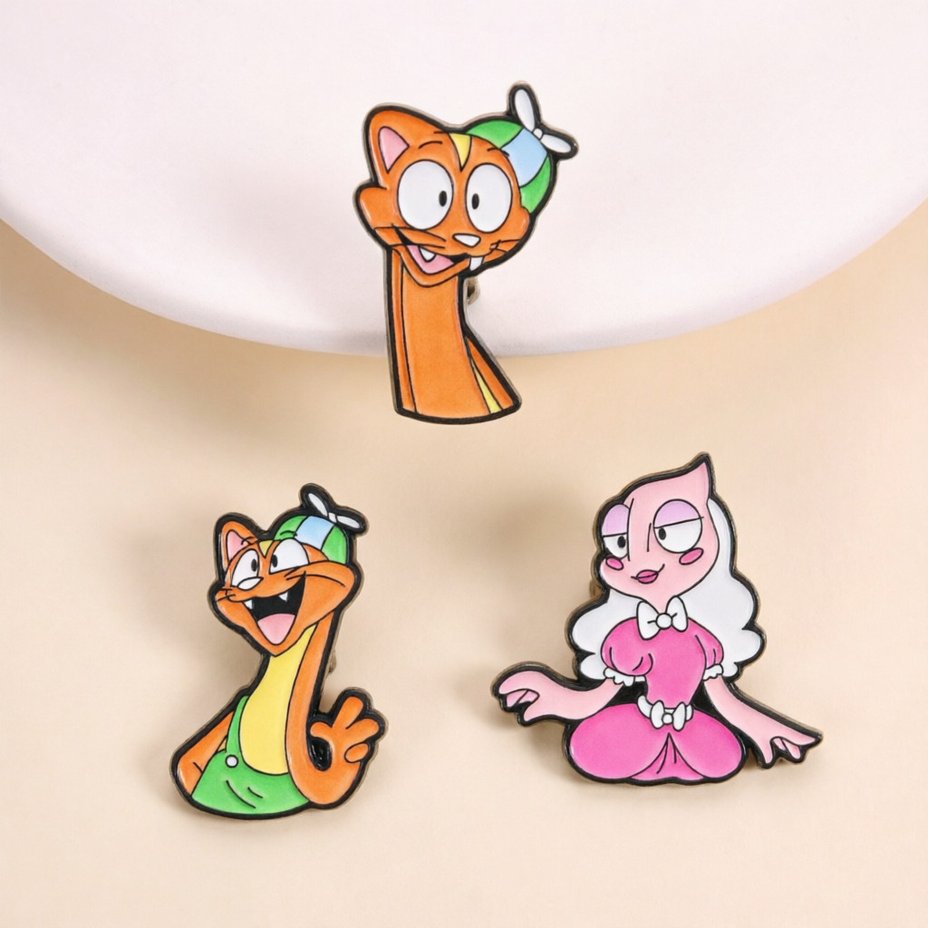 ตลกการ์ตูนตัวอักษรเคลือบ Pin คอยาวสีส้ม Cat และ Pink Mermaid Design ป้ายโลหะสําหรับแฟนๆนักสะสมไอเดียของขวัญ