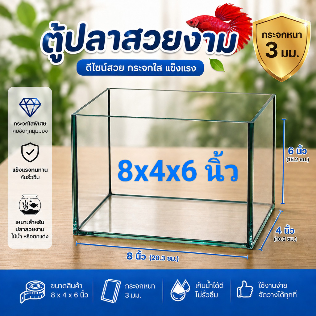 ตู้ปลา โหลปลา กระจกใส ขนาด 8x4x6 นิ้ว กระจกหนา 3 มม. Mini Aquarium Tank ตู้ปลากัด
