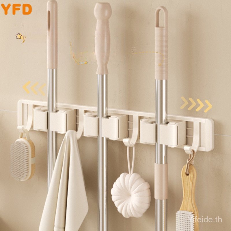 YFD Milky white space aluminum mop holder, no-drill wall-mounted broom holder for balcony broom stor