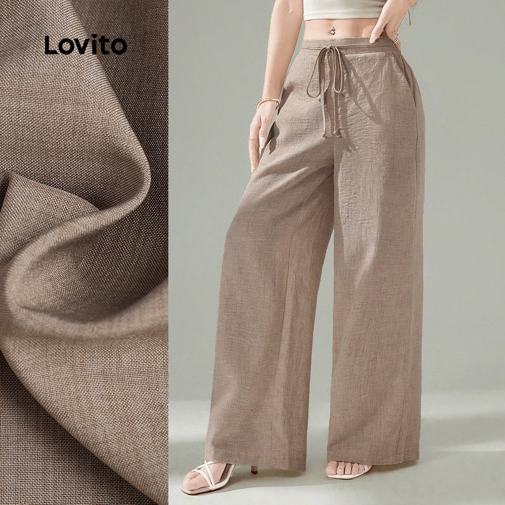 Lovito กางเกงผ้าฝ้ายแบบผูกด้านหน้าสำหรับฤดูใบไม้ผลิ/ฤดูร้อน สีคอฟฟี่ L155ED2041