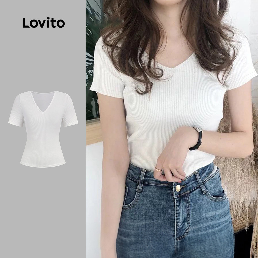 Lovito เสื้อยืดลําลองเรียบง่าย เส้นสายสบายตา ฤดูร้อนสีขาวสําหรับผู้หญิง L190ED152